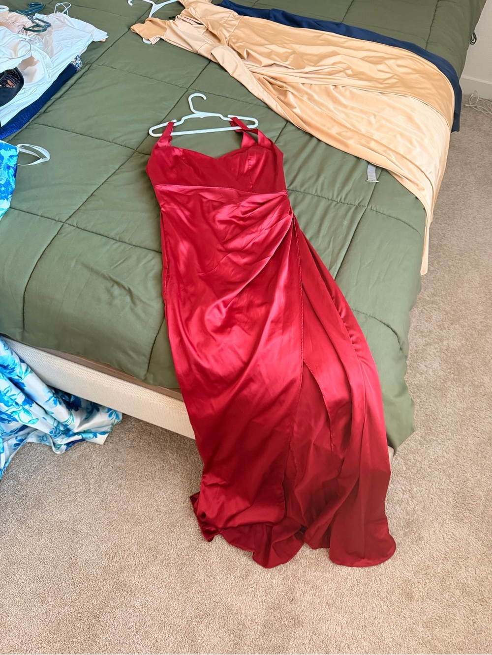 Red Satin Halter Evening Dress